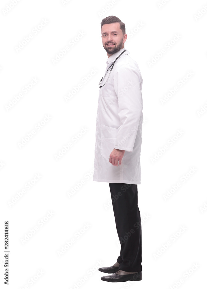side view. smiling pediatrician doctor with stethoscope side view. smiling pediatrician doctor with stethoscope