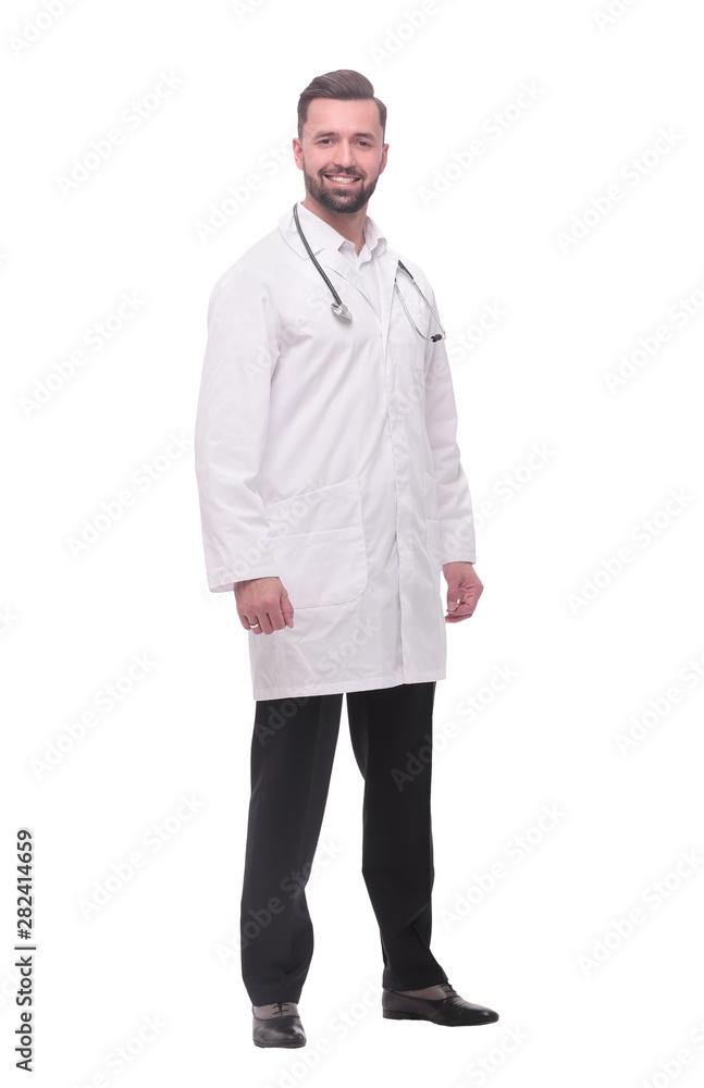in full growth. a successful doctor is a therapist with a stethoscope in full growth. a successful doctor is a therapist with a stethoscope