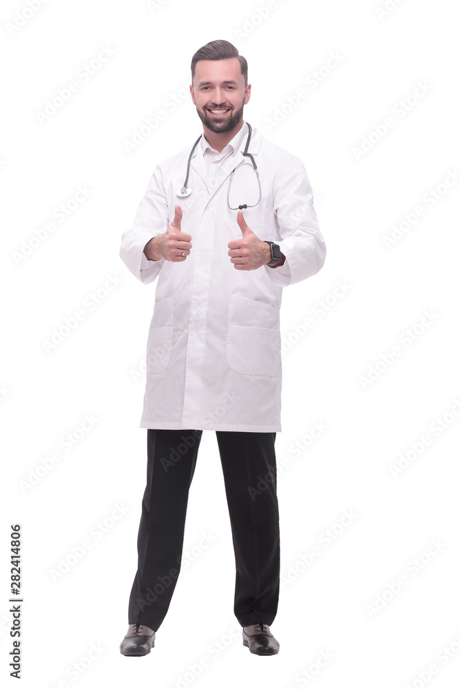 smiling medical professional showing thumbs up .isolated on white smiling medical professional showing thumbs up .isolated on white