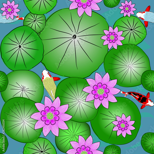 Seamless pattern koi fish and lotus on the lake.