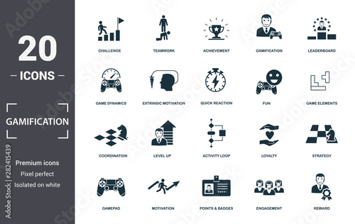 Gamification icon set. Contain filled flat game dynamics, achievement, game elements, points and badges, leaderboards, activity loop, level up icons. Editable format