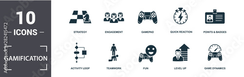 Gamification icon set. Contain filled flat game dynamics, engagement, gamepad, points and badges, activity loop, fun, teamwork, strategy icons. Editable format