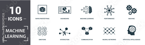 Machine Learning icon set. Contain filled flat machine learning, machine, dashboard, artificial intelligence, emotions, performance, neural networks, rapid prototyping icons. Editable format