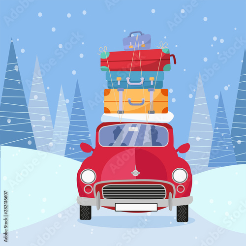 Treveling by red car with pile of luggage bags on roof on the road by the snowy forest. Winter tourism, travel, trip. Flat cartoon illustration. Car front View With stack Of suitcases