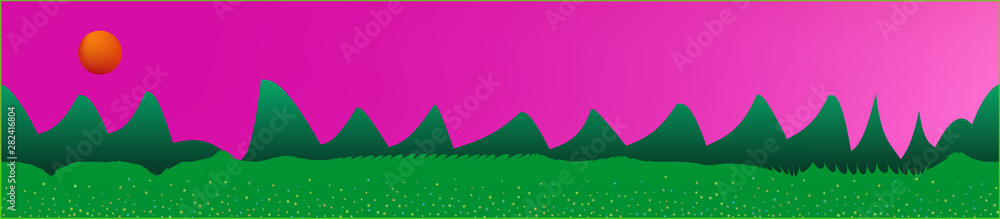 Pink sky, and mountains landscape. 