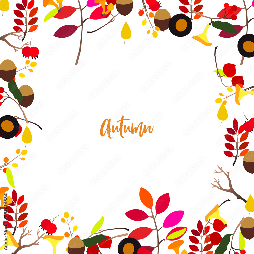Autumn vector frame with berries, acorns, pine cone, mushrooms, branches and leaves. Autumn vector frame with berries, acorns, pine cone, mushrooms, branches and leaves.
