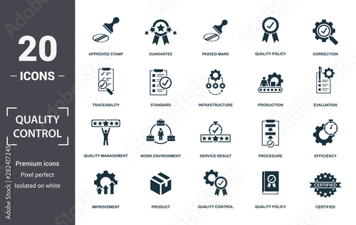 Quality Control icon set. Contain filled flat correction, efficiency, infrastructure, quality policy, traceability, production, guarantee icons. Editable format photo