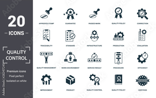 Quality Control icon set. Contain filled flat correction, efficiency, infrastructure, quality policy, traceability, production, guarantee icons. Editable format