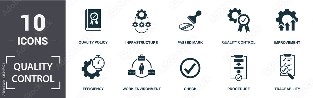 Quality Control icon set. Contain filled flat procedure, infrastructure, traceability, work environment, improvement, check icons. Editable format - obrazy, fototapety, plakaty 