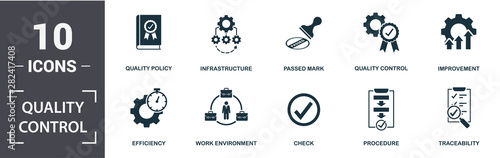 Quality Control icon set. Contain filled flat procedure, infrastructure, traceability, work environment, improvement, check icons. Editable format
