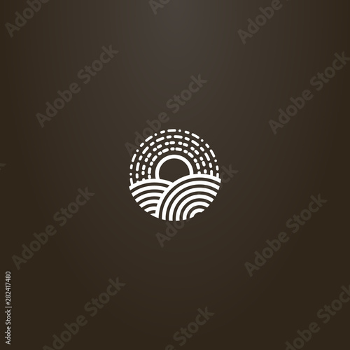 white sign on a black background. simple vector line art round sign of the rising sun over two hills