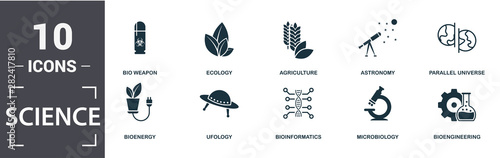 Science icon set. Contain filled flat agriculture, bioengineering, bioinformatics, bio weapon, parallel universe, ufology, ecology, microbiology icons. Editable format