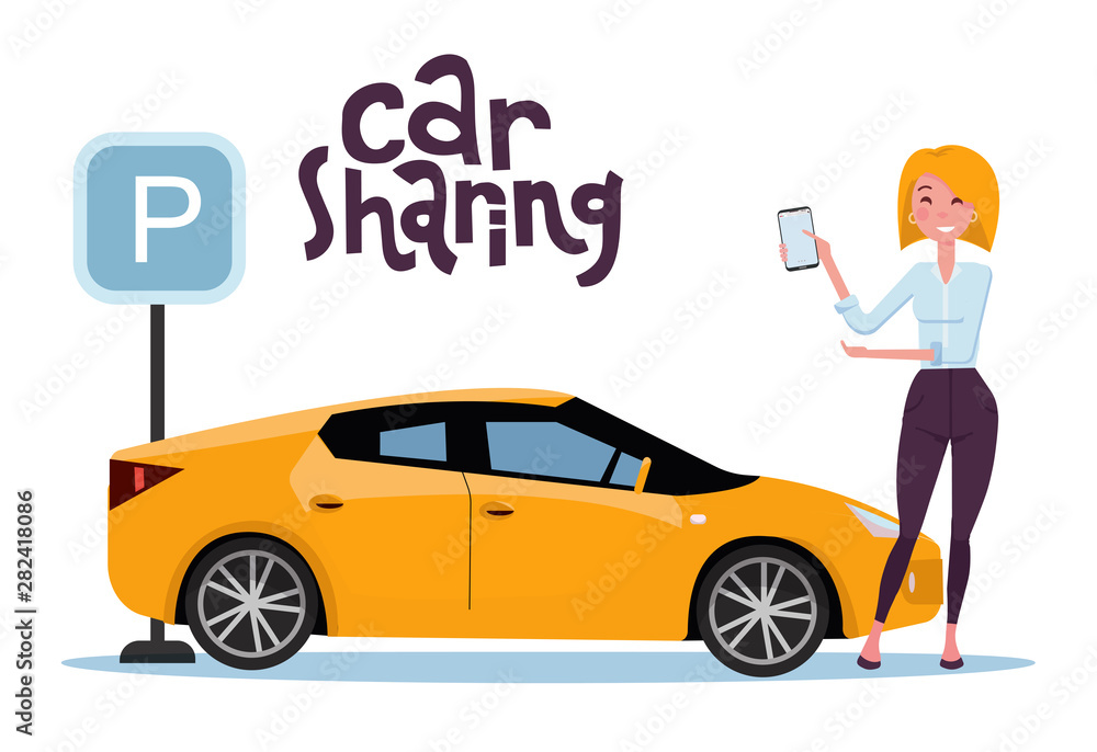 Attractive blond young woman holding mobile phone rents a car in the parking lot online. New yellow car stands at the parking sign. Carsharing concent. flat cartoon illustration with lettering. Attractive blond young woman holding mobile phone rents a car in the parking lot online. New yellow car stands at the parking sign. Carsharing concent. flat cartoon illustration with lettering.