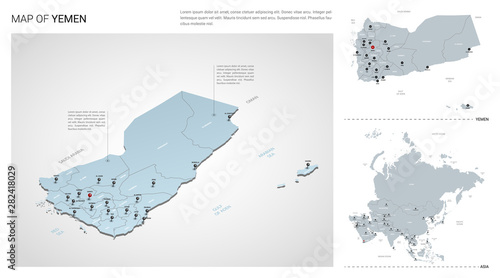 Vector set of Yemen country. Isometric 3d map, Yemen map, Asia map - with region, state names and city names.