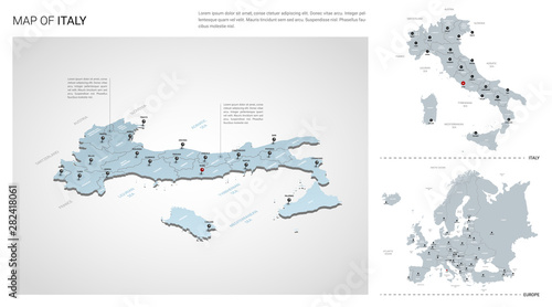 Vector set of  Italy country.  Isometric 3d map, Italy map, Europe map - with region, state names and city names.