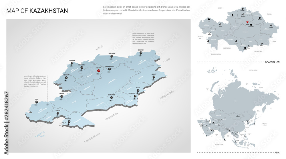 Vector set of Kazakhstan country.  Isometric 3d map, Kazakhstan map, Asia map - with region, state names and city names.