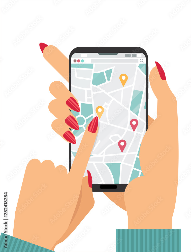 Female hands holding smartphone with city street map on screen. Online carshering concept. Finger presses geolocation button. gps navigator. Mobile navigation concept.Flat cartoon Female hands holding smartphone with city street map on screen. Online carshering concept. Finger presses geolocation button. gps navigator. Mobile navigation concept.Flat cartoon