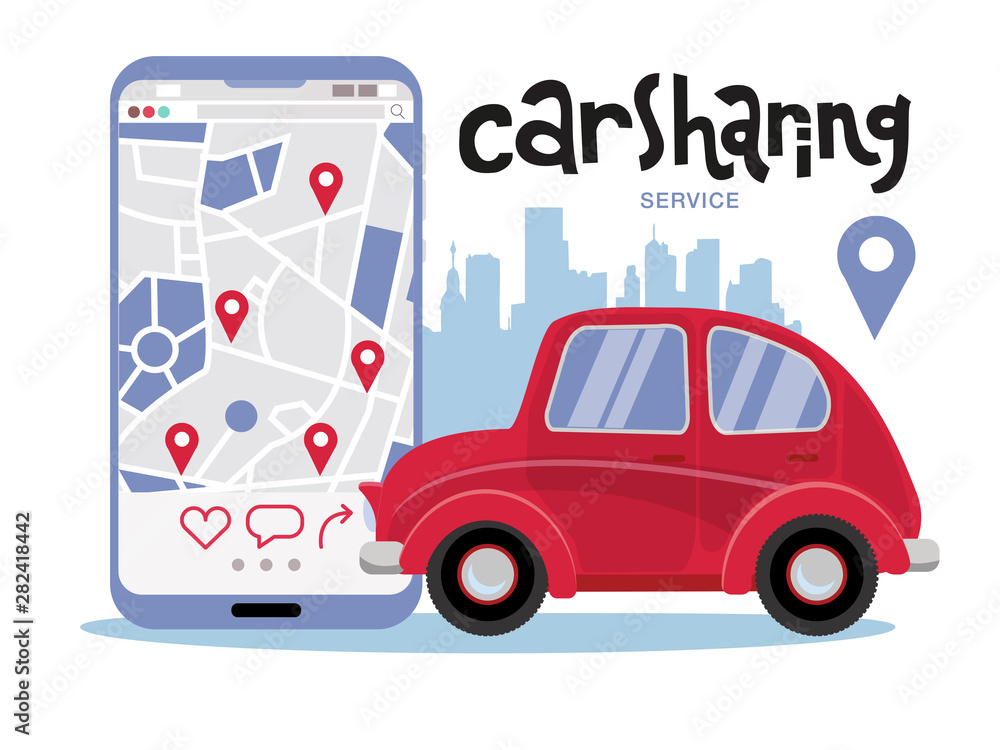 Car Sharing. Short Trips for Family Inside City. Carsharing concept of small sity car and big mobile phone to rent a car via car sharing service. flat cartoon illustration Car Sharing. Short Trips for Family Inside City. Carsharing concept of small sity car and big mobile phone to rent a car via car sharing service. flat cartoon illustration