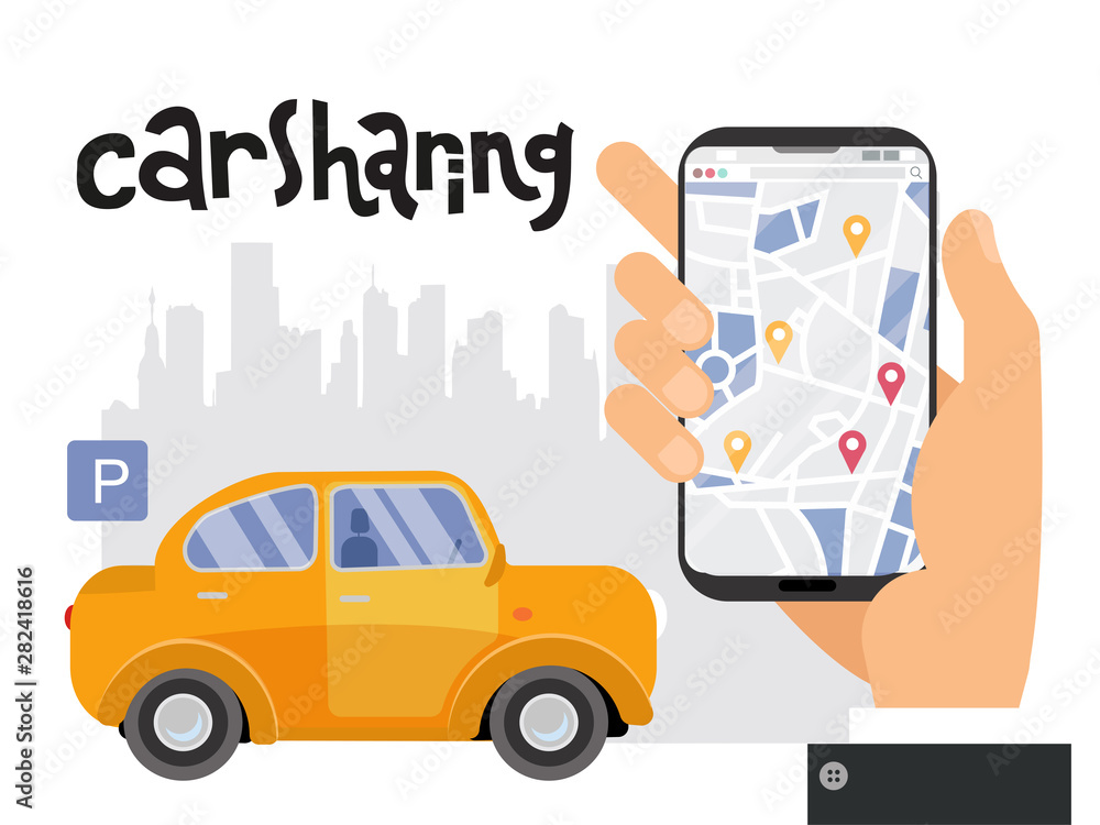 Mobile city transportation concept, Online car sharing with male hand holding smartphone. Map of the city with signs of geolocation on the screen. lettering carsharing. flat cartoon illustration Mobile city transportation concept, Online car sharing with male hand holding smartphone. Map of the city with signs of geolocation on the screen. lettering carsharing. flat cartoon illustration