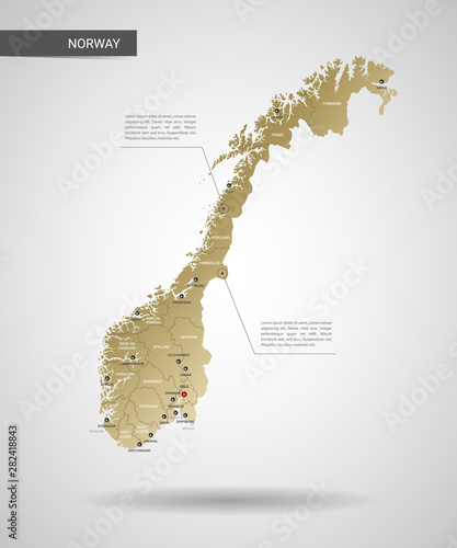 Stylized vector Norway map.  Infographic 3d gold map illustration with cities, borders, capital, administrative divisions and pointer marks, shadow; gradient background. 