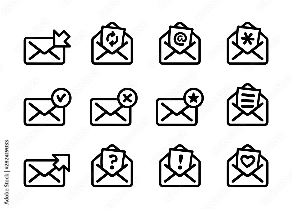 Set of flat email icons, black and white kit. Vector illustration Set of flat email icons, black and white kit. Vector illustration