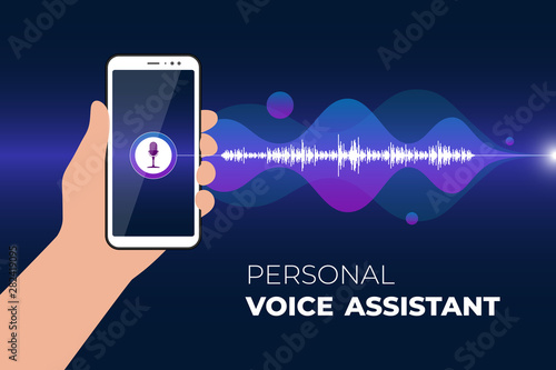 Personal assistant and voice recognition mobile app. Hand holds smartphone with microphone button on screen and gradient sound wave. Soundwave intelligence smart technology vector illustration