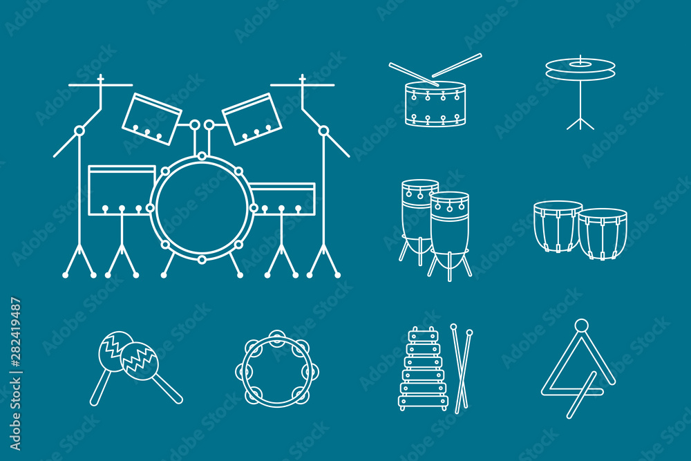 Percussion music instruments Icons set Vector outline symbols of drum