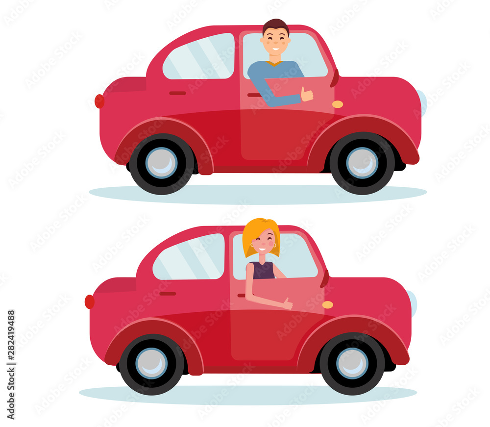 Naklejka premium Set of 2 red cars with male and female drivers.Man inside his car. Woman at the wheel of car. Side view of car. Drivers showing thumb up gesture. flat cartoon illustration on white background