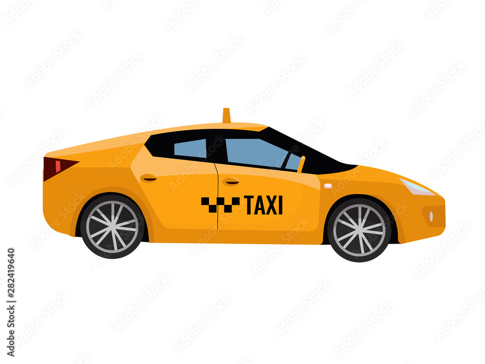 Fototapeta premium Taxi Yellow Car Cab Isolated on white background. Contemporary modern vehicle. Side view of the yellow car with nobody inside. flat cartoon illustration on white background