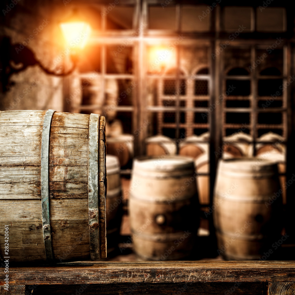 Desk of free space and wooden old barrel 