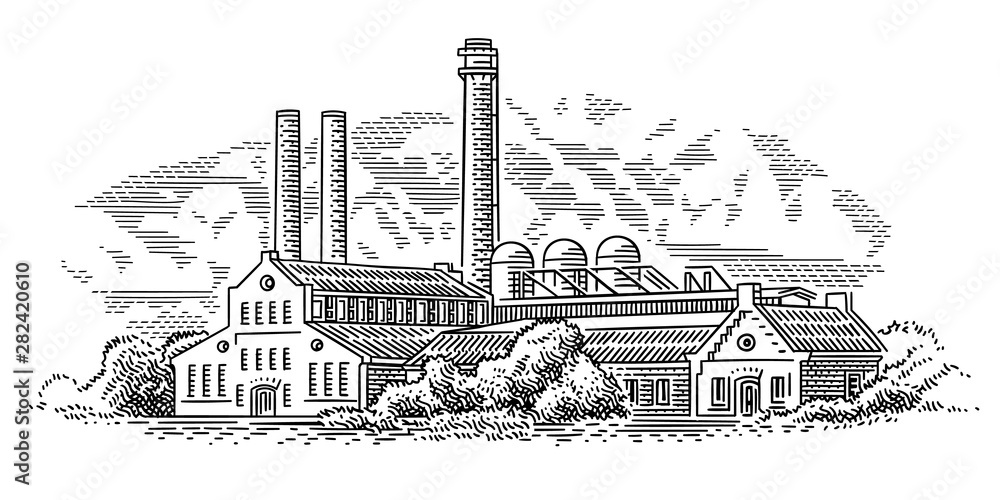 Stara fabryka (roślina) ilustracja stylu grawerowania. Wektor, niebo w osobnej warstwie. <span>plik: #282420610 | autor: yuromanovich</span>