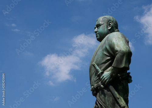 A bronze statue of Japanese politician Saigo Takamori stands tall at Ueno park, central Tokyo.