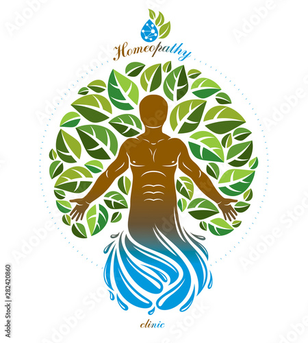 Vector graphic muscular human deriving from water wave and composed with green eco tree, self. Homeopathy creative illustration.