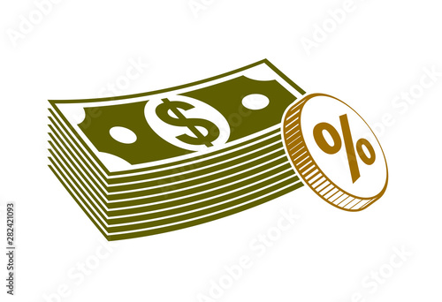 Cash money still-life with coins and banknote dollar stack, classic style vector illustration.