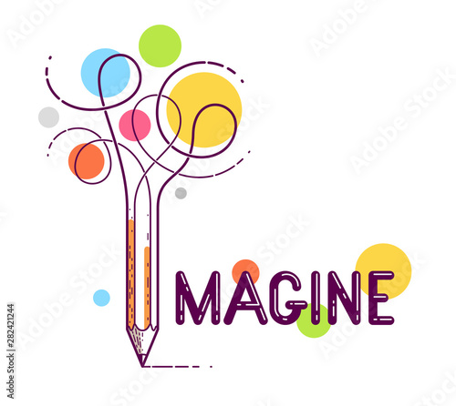 Imagine word with pencil instead of letter I, imagination and fantasy concept, vector conceptual creative logo or poster made with special font.