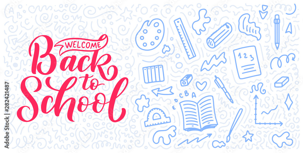 Welcome back to school lettering quote and doodle background. Template for sale tag. Hand drawn badge. Education concept. Typography emblem.