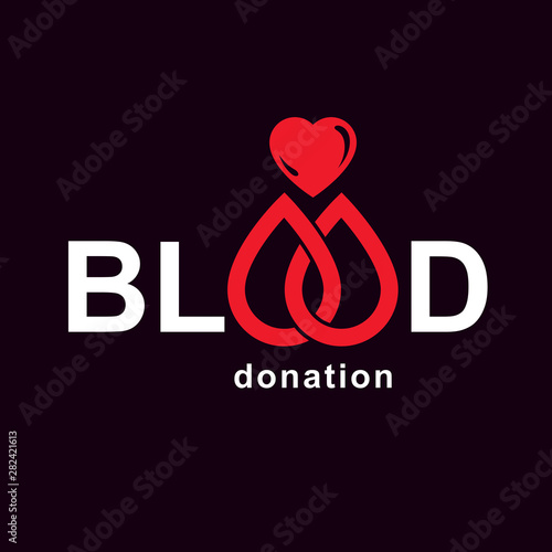Blood donation inscription made with heart shape and blood drops. Healthy lifestyle conceptual symbol.