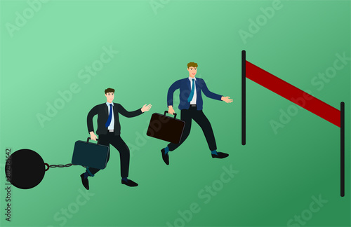 Businessman running race to finish line with unfair concept