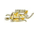 hello autumn lettering label with woody leaves isolated on white background