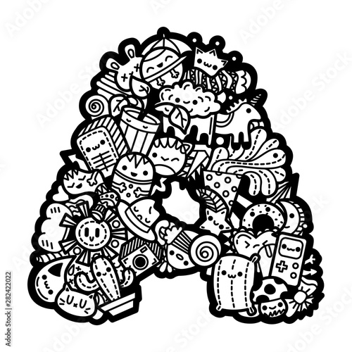Doodle kawaii style cute characters illustration letter A