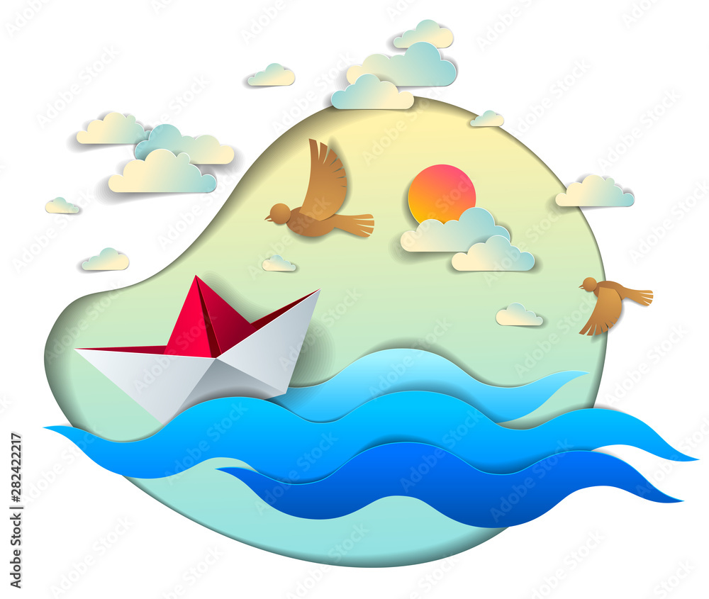 Origami paper ship toy swimming in ocean waves, beautiful vector illustration of scenic seascape with toy boat floating in the sea and birds in the sky. Water travel, summer holidays. Origami paper ship toy swimming in ocean waves, beautiful vector illustration of scenic seascape with toy boat floating in the sea and birds in the sky. Water travel, summer holidays.