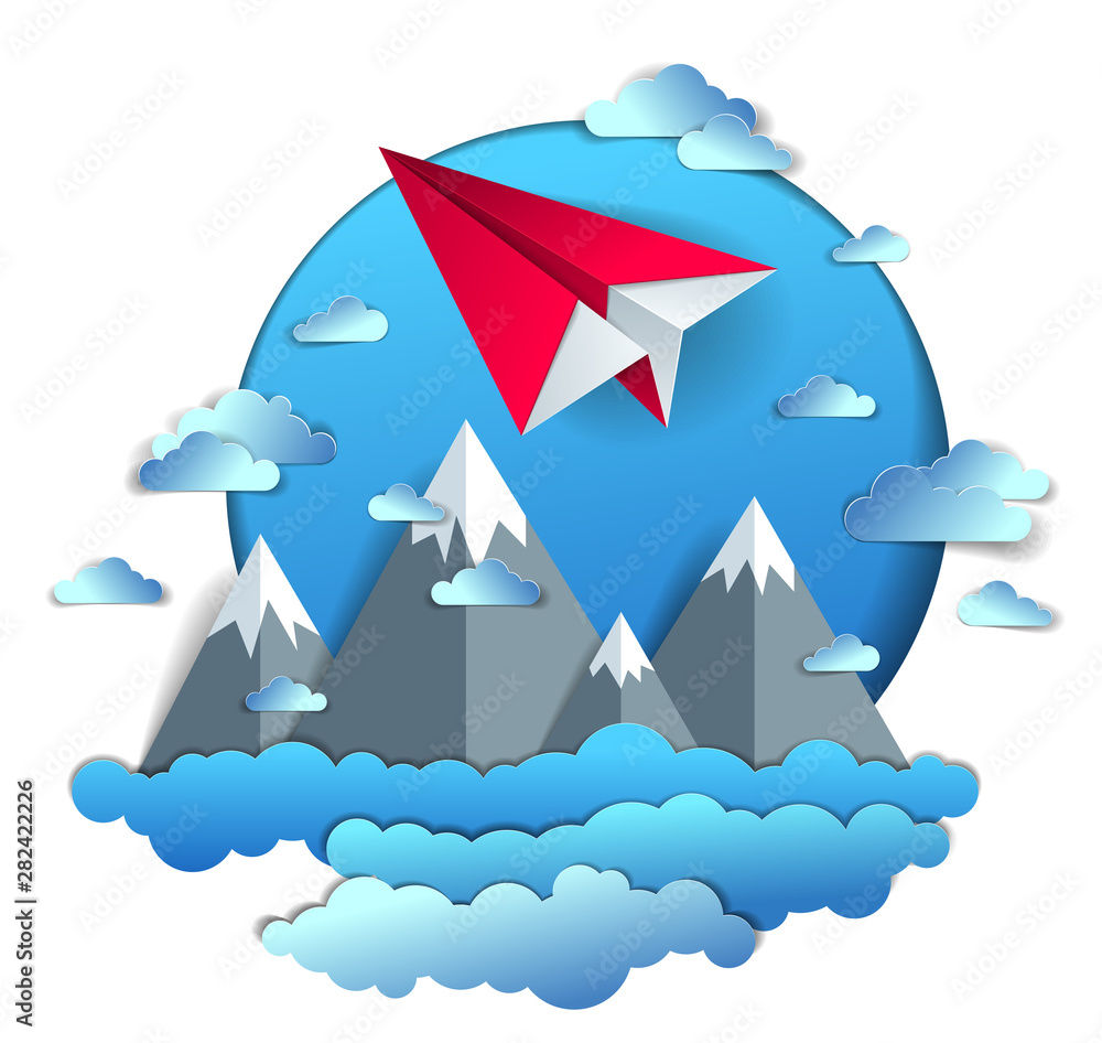 Paper plane flying in cloudy sky over scenic landscape of mountain range, origami folded toy airplane in beautiful nature, vector illustration, airlines, airways air travel theme. Paper plane flying in cloudy sky over scenic landscape of mountain range, origami folded toy airplane in beautiful nature, vector illustration, airlines, airways air travel theme.