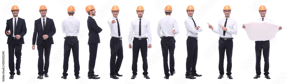 panoramic photo collage of confident architect isolated on white panoramic photo collage of confident architect isolated on white