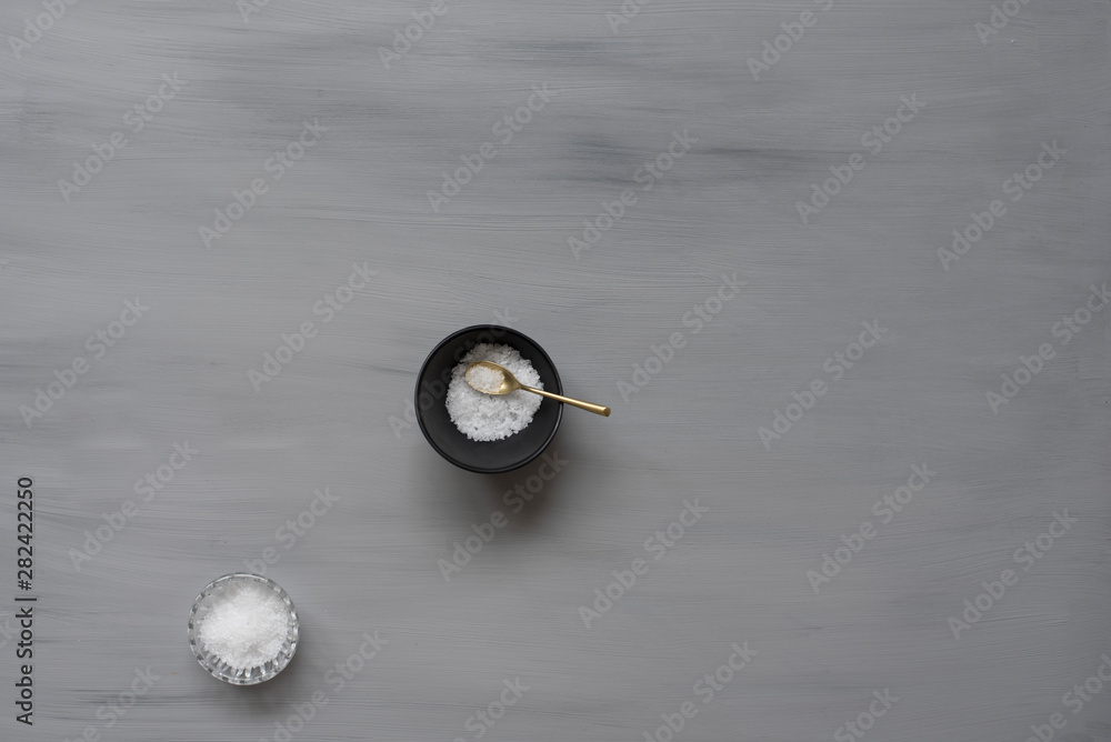 Salt Flakes with Golden Spoon & Black Bowl (Grey Backrop)