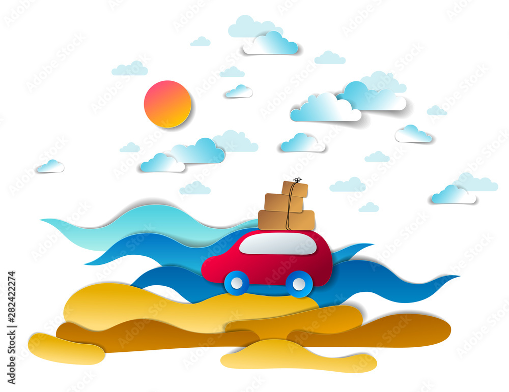 Car travel and tourism, red minivan with luggage riding sea shore with palms and waves, clouds in sky, paper cut vector illustration of auto in scenic seascape. Beach summer holidays.