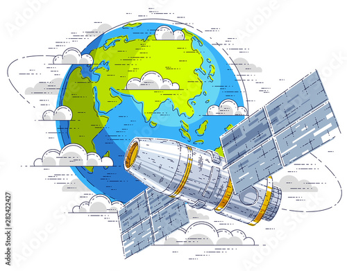 Space station flying orbital spaceflight around earth, spacecraft spaceship iss with solar panels, artificial satellite. Thin line 3d vector illustration.