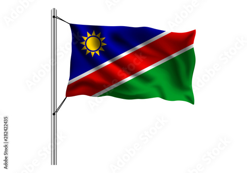 Waving Namibia flag on flagpole on isolated background, flag of Namibia, vector illustration