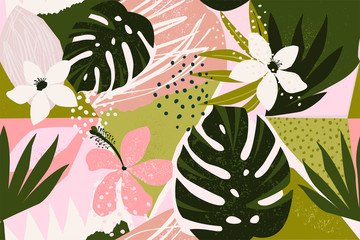 Fotobehang Lichtroze patronen Exotisch junglepatroon met tropische vruchten  © Angelina Bambina
