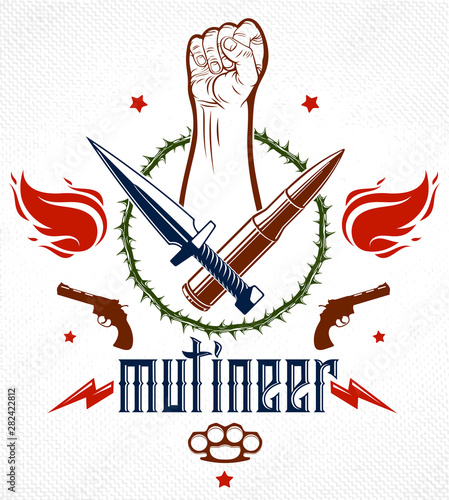 Anarchy and Chaos aggressive emblem or logo with strong clenched fist, weapons and different design elements , vector vintage style tattoo, rebel rioter partisan and revolutionary.