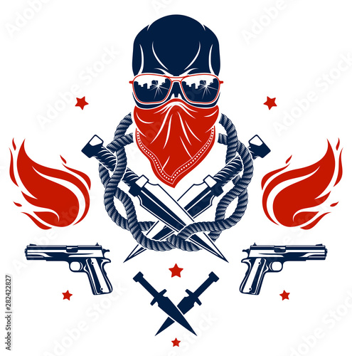 Anarchy and Chaos aggressive emblem or logo with wicked skull, weapons and different design elements , vector vintage scull tattoo, rebel gangster criminal and revolutionary.